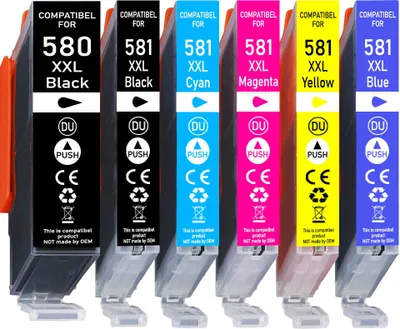 A row of six ink cartridges for a printer.