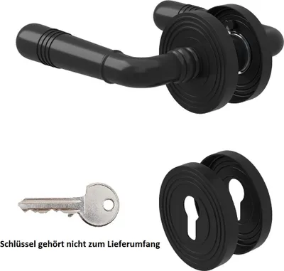 A product image showing a door handle set and two escutcheons, with a key in the foreground.