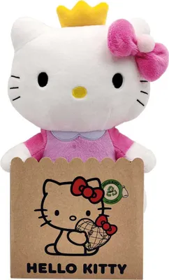 A Hello Kitty plush toy wearing a crown and dress, holding a brown paper bag with Hello Kitty graphics.