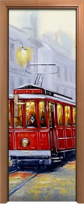 Produktbild von Türposter 70x200 cm Türaufkleber Türtapete Türfolie Klebefolie Malerei Straßenbahn Zug Stadt