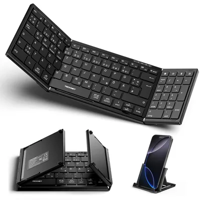 Produktbild von TECKNET Faltbare Bluetooth Tastatur mit Ziffernblock, QWERTZ Deutsches – schwarz