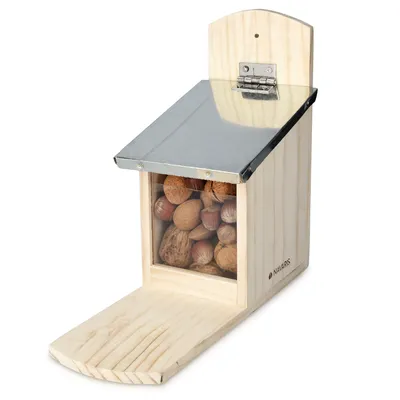 Produktbild von Navaris Eichhörnchen Futterhaus wetterfest aus Holz und Metall - Futterkasten Futterautomat für Garten Balkon - Futterstation mit Prellschutz