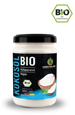 Produktbild von Kräuterland Kokosöl 500ml kaltgepresst aus biologischem Anbau natives Speiseöl Rohkostqualität