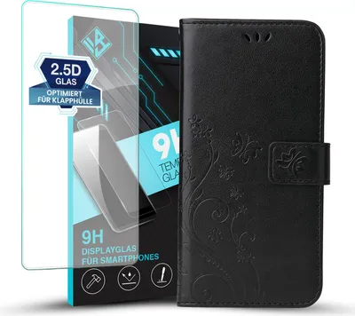 Produktbild von Handyhülle für Samsung Galaxy S26 mit 9H Displayglas Floral Blumen Schmetterling Flip Cover Hülle Case Klapphülle Handytasche Farbe: Schwarz
