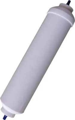 A white water filter cartridge with blue connectors on each end, set against a plain white background.