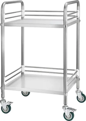Image de Chariot en acier inoxydable SucceBuy à 2 niveaux et roulettes, idéal pour les laboratoires et les cuisines, chariot de service mobile avec freins de stationnement, utilisation polyvalente dans les établissements médicaux, les restaurants et les cuisines