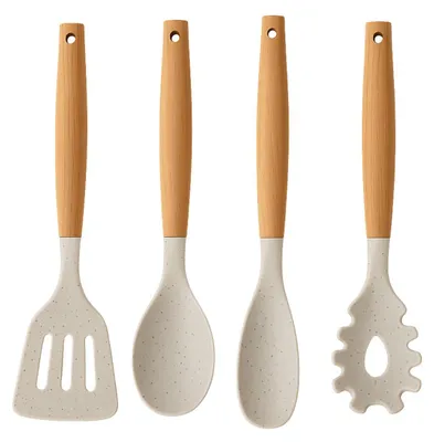Productafbeelding van Cookinglife Keukengerei set - Kookgerei set - hout beige 4 delig - Bakspaan, opscheplepel, saladelepel & spaghettilepel