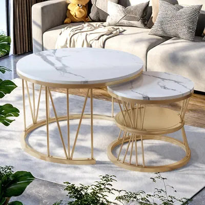 Produktbild von Fortuna Lai Couchtisch 2 in 1 Satztische in Marmoroptik, 2er Set Beistelltisch mit Regal, Ø 70 x 45/Ø 45 x 40 cm, Gestell aus Metall