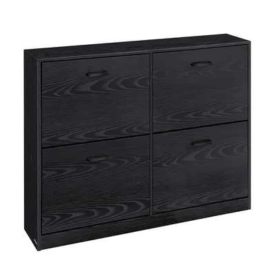 A black shoe cabinet with four flip-down doors.