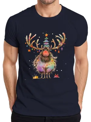 Immagine prodotto di Maglietta da uomo Funny Christmas Reindeer Antlers Christmas Tree Fairy Lights, Navy, 3XL