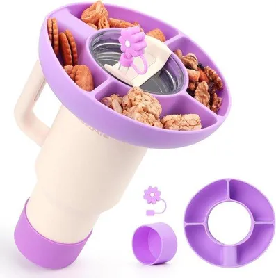 Produktbild von Silikon Snackbox 40 oz Lila 4 Fach mit Deckel und Strohhalm