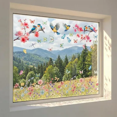 Produktbild von Fensterbilder für den Frühling, Selbstklebende Fensterdekoration mit Blumen und Vögeln für Wohnzimmer, Schlafzimmer und Küche