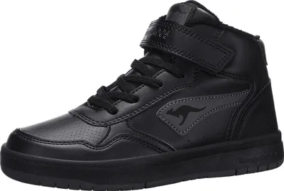 A black high-top sneaker with laces and a velcro strap.