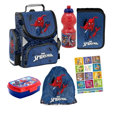 Produktbild von Goldkids - Schulranzen für Jungen, 5er-Set - Schul-Rucksack für Kinder mit Federmäppchen - Schuhbeutel Brotdose und Trinkflasche - Spiderman