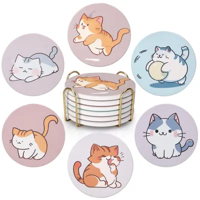 Immagine prodotto di Carini sottobicchieri, set da 6 sottobicchieri per gli amanti dei gatti, con supporto