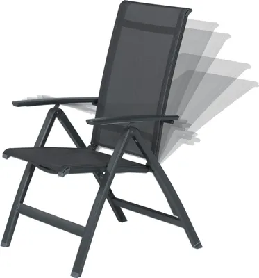 A dark grey folding garden chair with multiple reclining positions shown.