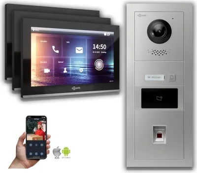 Produktbild von IP Türsprechanlage 3-Monitore Fingerprint RFID : 10 Zoll in Schwarz : Unterputzdose : 4er POE (Standard) Monitor