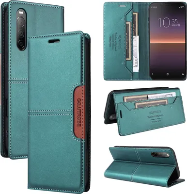 A collage of images showing a teal leather flip wallet phone case for a Sony Xperia 10 II.