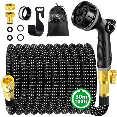 Produktbild von Gartenschlauch 30 m, flexibel, 10 Funktionen, Messinganschlüsse, Wandhalterung, für Gartenbewässerung