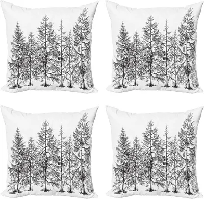 Produktbild von ABAKUHAUS Winter Kissenbezug Set (4 Stück), Saisonale Kiefer Landschaft, Moderner Doppelseitiger Digitaldruck, 40 cm x 40 cm, Schwarz und weiß