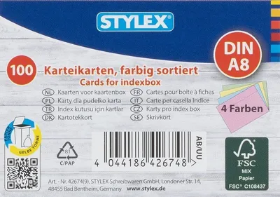 Produktbild von Stylex Ersatz-Karteikarten DIN A8 farbig sortiert 100 Karten