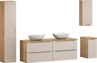 Zdjęcie produktu dla Nowoczesny Zestaw Łazienkowy 160 Cm Dąb Beż 2 Umywalki + Słupek