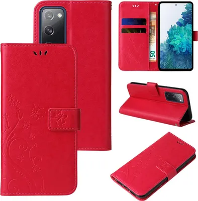 A collage of images showing a red flip phone case with floral patterns, displaying its different angles and features.