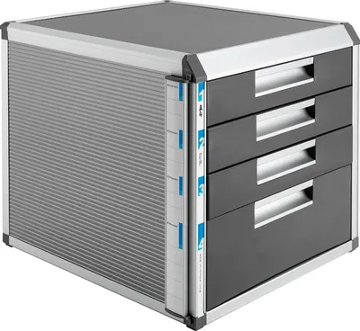Obrázek produktu pro Psací stůl se zásuvkami – organizér na stůl se 4 zásuvkami – uzamykatelný – hliníková slitina a MDF – rozměry 31,5 × 35 × 29,8 cm – výška zásuvek 10/5 cm – stříbrná barva