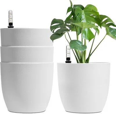 Image de Pot de fleurs en céramique avec réservoir d'eau - Pour l'intérieur et l'extérieur - Lot de 4 - Blanc - 22 cm