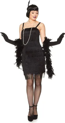 A woman wearing a black 1920s flapper costume.