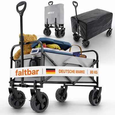 Produktbild von ONBEST Bollerwagen | faltbar | mit Schutzhaube | 61L | 80 kg | 0,8 mm Stahl | Grau | Wasserabweisend | 210D Oxford-Gewebe
