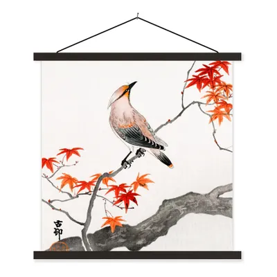 Produktbild von MuchoWow® Textilposter Vintage - Vogel - Baum - Japanischer Ahorn 120x120 cm mit schwarzem Rahmen - Aufhängungsset