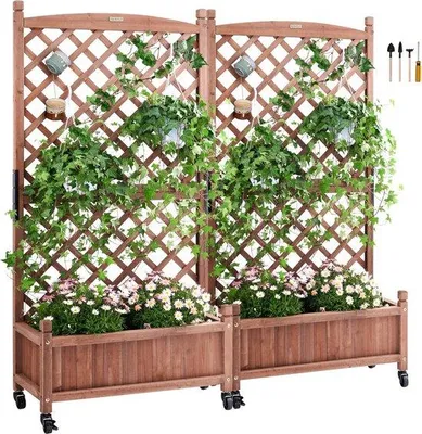 Productafbeelding van Famanu plantenbak met klimrek - Verhoogd plantenbed - Met wielen - Voor klimplanten - Met drainageopeningen - 2 stuks - 75 x 33 x 156 cm