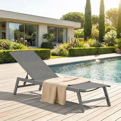 Produktbild von Gartenliege ESPIRITU höhenverstellbar, grau – Sonnenliege mit verstellbarem Kopfteil aus Aluminium und UV-beständigem Textilene, für Terrasse Balkon Garten Outdoor Relaxliege