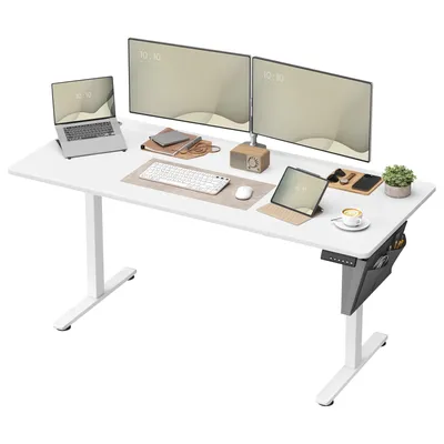 A white adjustable desk with dual monitors, a laptop, a tablet, keyboard, mouse, and accessories.