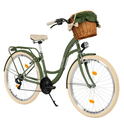 Produktbild von MILORD Damenfahrrad Citybike Komfort Mit Weidenkorb Hollandrad Fahrrad, 28 Zoll, 21-Gang, Khaki-Creme
