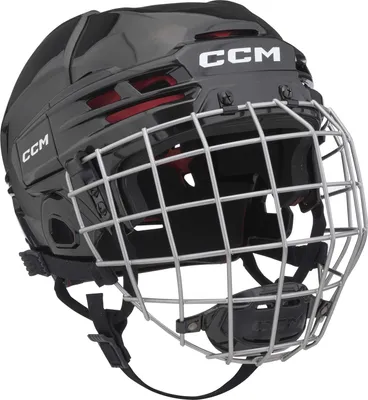 A black CCM Tacks 70 hockey helmet with a silver cage.