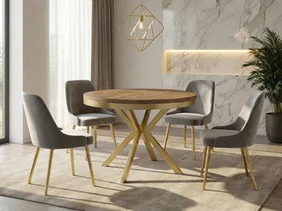 Produktbild von Runder Ausziehbarer Esstisch - Loft Style Tisch mit Goldenen Metallbeinen - 120 bis 200 cm - Industrieller Tisch für Wohnzimmer - Kompakt - 120 cm - Lefkas Eiche