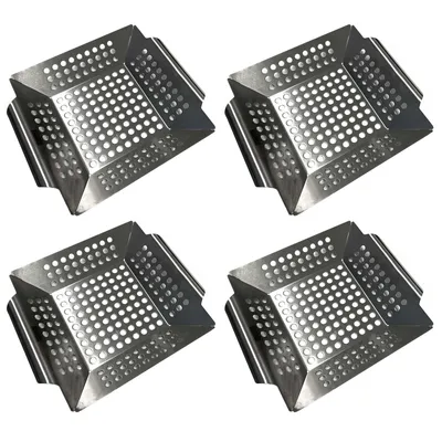 Produktbild von 4er Set Edelstahl Grillkorb 20 x 20 x 4 cm Grill Gemüsepfanne BBQ Lochpfanne Grillschale Grillrost Gemüsekorb