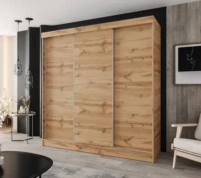 Produktbild von Schwebetürenschrank 3-türig 220x205 cm Eiche Wotan – Moderner Kleiderschrank für Schlafzimmer und Flur