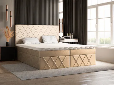 Produktbild von ADIDAR Polsterbett Rudi 140x200cm – Boxspringbett mit Holzrahmen, Matratze, zwei Bettkästen, Stauraum, Topper – Creme Amor Velvet 4323, inkl. Lieferung