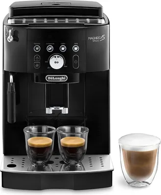 A black De Longhi Magnifica S Smart espresso machine with two cups of espresso and one cup of cappuccino.