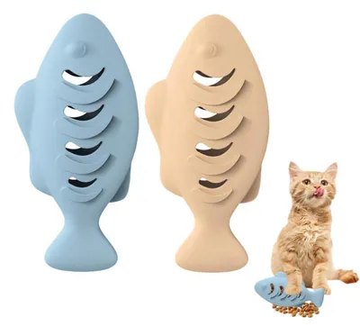 Immagine prodotto di Giocattolo interattivo per gatti, distributore di snack, forma di pesce, set da 2 pezzi, colore blu/beige