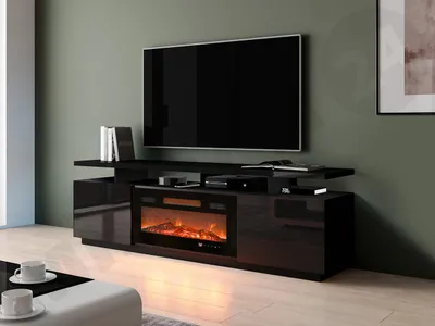 Obrázok produktu pre Televízny stolík s krbom SALTA - lesklý čierny / čierny