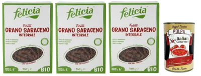 Produktbild von 3x Felicia Fusilli di Grano Saraceno Integrale,Pasta mit 100% -Buchweizen,Bio und Natürlich Glutenfrei,Packung mit 340g + Italian Gourmet Polpa di Pomodoro 400g Dose