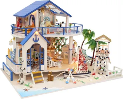 Produktbild von Habarri | Miniaturhaus - DIY-Puppenhaus - Holzhaus mit Möbeln und LED-Beleuchtung - Geschenk für Kinder - Meeresgeschichten