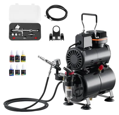 Productafbeelding van VEVOR Airbrush-set 1/6 PS met luchtcompressor en tank, 1 dubbelwerkende airbrush-spuit met 3 nozzles (0,2/0,3/0,5 mm) & slang & acrylverf & 1 ventilator, voor het decoreren van taarten, modelbouw, nagelkunst
