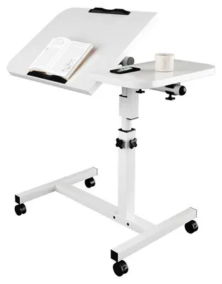 Image de Table de lit réglable en hauteur - Table d'ordinateur portable mobile - Table de chevet et de canapé - Avec roulettes - Pliable - Plateau métallique rectangulaire - Blanc