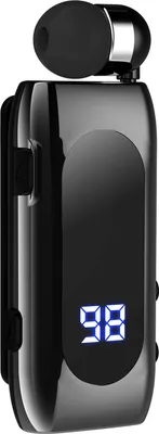 A black Bluetooth headset with a clip and an earbud is shown against a white background. A digital display shows '98'.