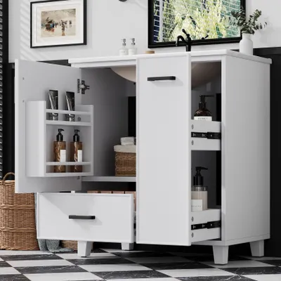 Produktbild von MODFU Waschtischunterschrank 76,5x47x82 cm Badezimmerschrank mit Keramikwaschbecken,Freistehende Waschtisch mit Schubladen,Türablage und weißer Lackoberfläche